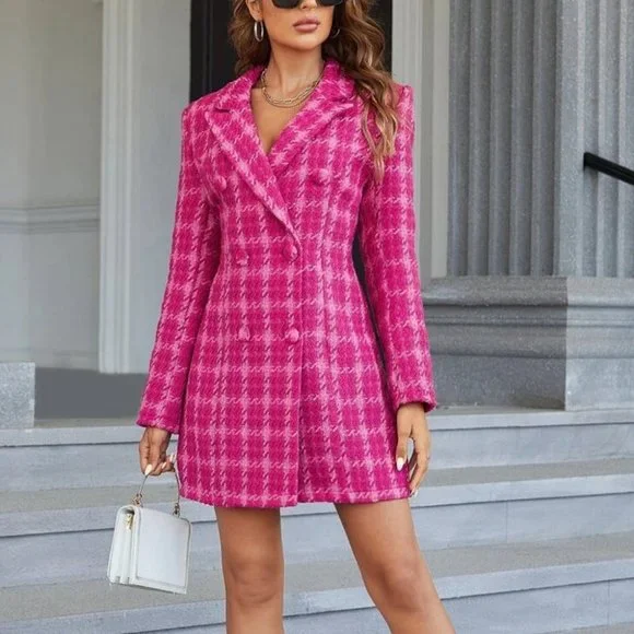 Plaid Double Breasted Pink Tweed Blazer Dress Mini Dress - Picture 4 of 9